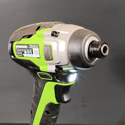 LOT 412: Greenworks 1/2" Brushless Drill Driver, 1/4" Brushless Impact Drill, 24V Batteries and Charger & Drill Bits Set
