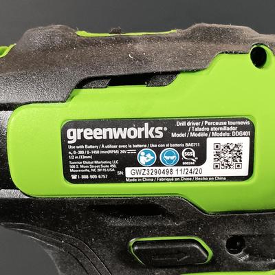 LOT 412: Greenworks 1/2" Brushless Drill Driver, 1/4" Brushless Impact Drill, 24V Batteries and Charger & Drill Bits Set