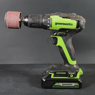 LOT 412: Greenworks 1/2" Brushless Drill Driver, 1/4" Brushless Impact Drill, 24V Batteries and Charger & Drill Bits Set