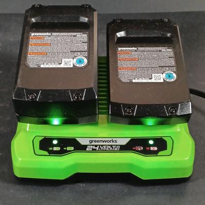 LOT 412: Greenworks 1/2" Brushless Drill Driver, 1/4" Brushless Impact Drill, 24V Batteries and Charger & Drill Bits Set