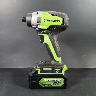 LOT 412: Greenworks 1/2" Brushless Drill Driver, 1/4" Brushless Impact Drill, 24V Batteries and Charger & Drill Bits Set