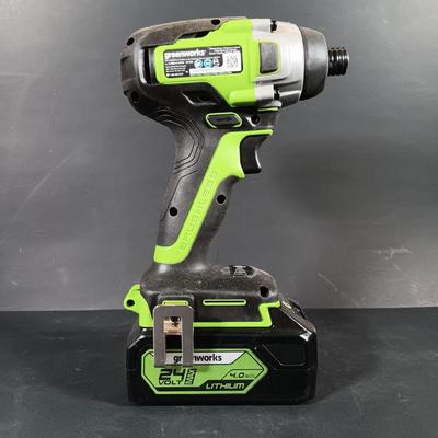 LOT 412: Greenworks 1/2" Brushless Drill Driver, 1/4" Brushless Impact Drill, 24V Batteries and Charger & Drill Bits Set