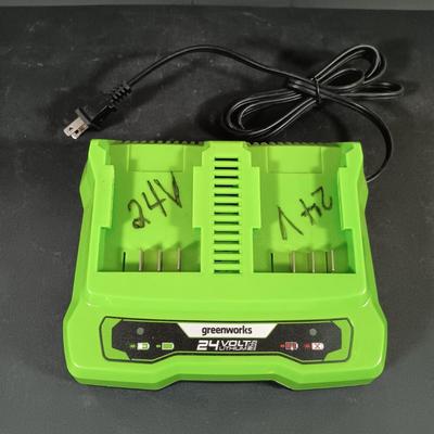 LOT 412: Greenworks 1/2" Brushless Drill Driver, 1/4" Brushless Impact Drill, 24V Batteries and Charger & Drill Bits Set