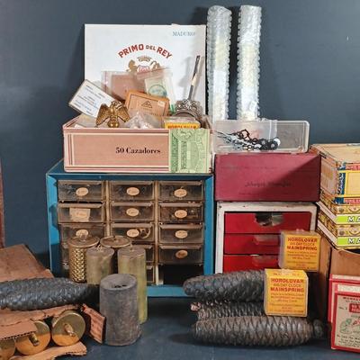 LOT 415: Large Collection of Clock Parts - Weights, Springs, Pendulums, Hands & More