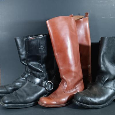 LOT 420: Vintage Harley Davidson 95354 Leather Boots, Gimbels French-Made Elastomere Leather Riding Boots & Double-H Leatger Engineer...