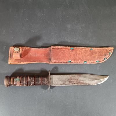 LOT 421: Vintage Leather Handle Wrapped Combat Knife, Solingen Hunting Knife, Sharp Fillet Knife & ACME Oil Stone