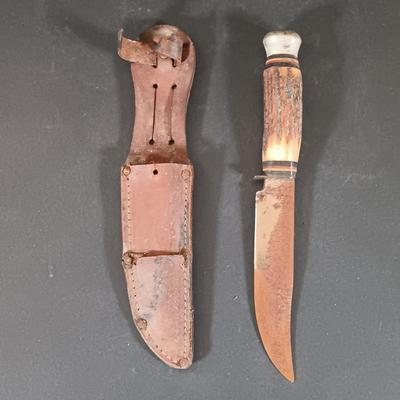 LOT 421: Vintage Leather Handle Wrapped Combat Knife, Solingen Hunting Knife, Sharp Fillet Knife & ACME Oil Stone