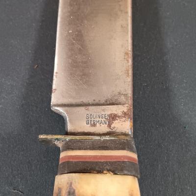 LOT 421: Vintage Leather Handle Wrapped Combat Knife, Solingen Hunting Knife, Sharp Fillet Knife & ACME Oil Stone