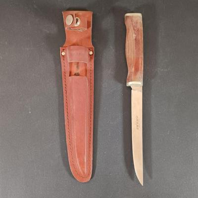 LOT 421: Vintage Leather Handle Wrapped Combat Knife, Solingen Hunting Knife, Sharp Fillet Knife & ACME Oil Stone