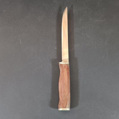 LOT 421: Vintage Leather Handle Wrapped Combat Knife, Solingen Hunting Knife, Sharp Fillet Knife & ACME Oil Stone
