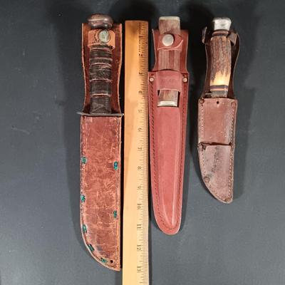 LOT 421: Vintage Leather Handle Wrapped Combat Knife, Solingen Hunting Knife, Sharp Fillet Knife & ACME Oil Stone