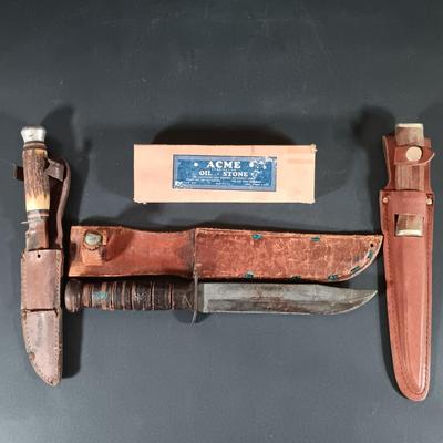 LOT 421: Vintage Leather Handle Wrapped Combat Knife, Solingen Hunting Knife, Sharp Fillet Knife & ACME Oil Stone