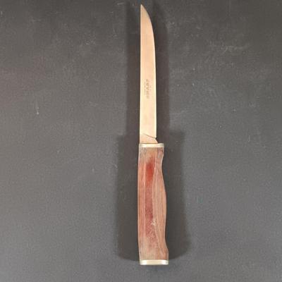 LOT 421: Vintage Leather Handle Wrapped Combat Knife, Solingen Hunting Knife, Sharp Fillet Knife & ACME Oil Stone