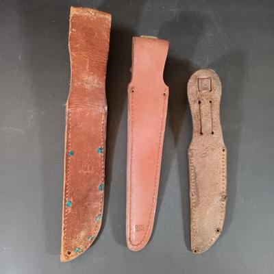 LOT 421: Vintage Leather Handle Wrapped Combat Knife, Solingen Hunting Knife, Sharp Fillet Knife & ACME Oil Stone