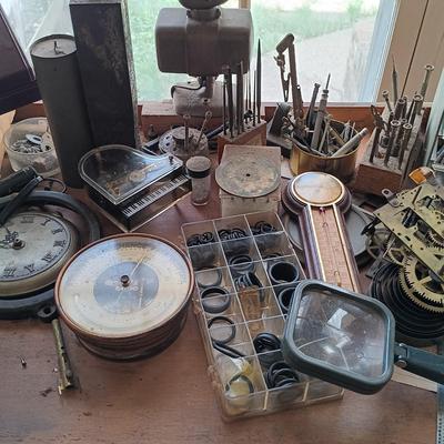 LOT 423: Vintage Watchmakers Bench with A Large Collection of Watch Making Accessories & More