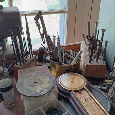 LOT 423: Vintage Watchmakers Bench with A Large Collection of Watch Making Accessories & More