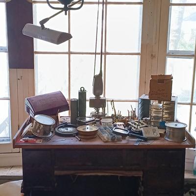 LOT 423: Vintage Watchmakers Bench with A Large Collection of Watch Making Accessories & More