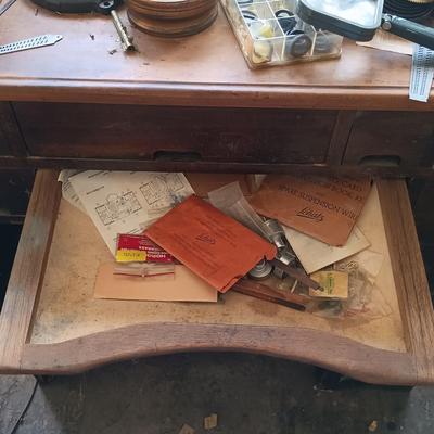 LOT 423: Vintage Watchmakers Bench with A Large Collection of Watch Making Accessories & More
