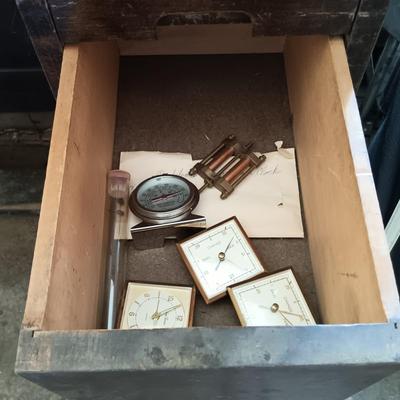 LOT 423: Vintage Watchmakers Bench with A Large Collection of Watch Making Accessories & More