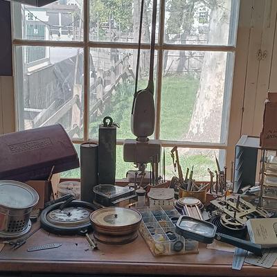 LOT 423: Vintage Watchmakers Bench with A Large Collection of Watch Making Accessories & More