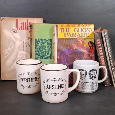 LOT 426: Vintage Japan Made Poison Mugs, Mustache Mug & Books