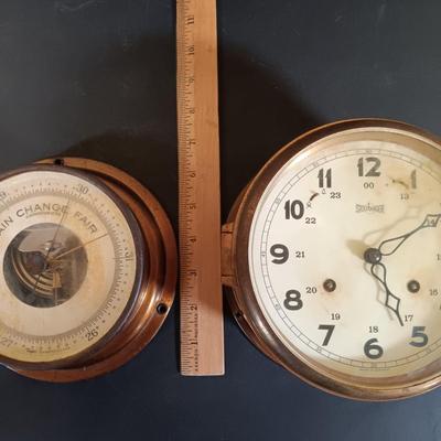 LOT 427: Salem Ship's Bell Clock and Barometer w/ Taylor Barometer & Stockburger Ship's Bell Clock