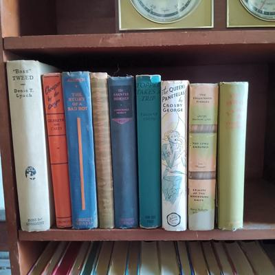 LOT 428: MCM Book Shelf with Brass Floor Lamp, Taylor Thermometer and Vintage Books