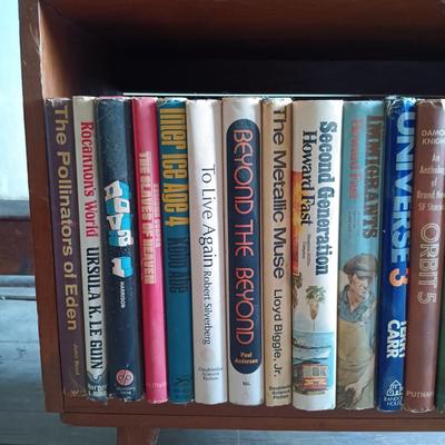 LOT 428: MCM Book Shelf with Brass Floor Lamp, Taylor Thermometer and Vintage Books