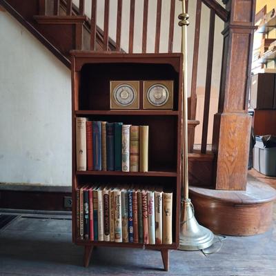 LOT 428: MCM Book Shelf with Brass Floor Lamp, Taylor Thermometer and Vintage Books