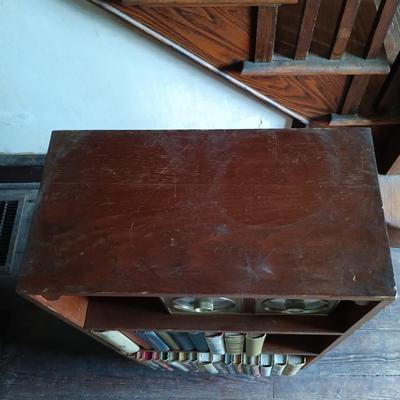 LOT 428: MCM Book Shelf with Brass Floor Lamp, Taylor Thermometer and Vintage Books