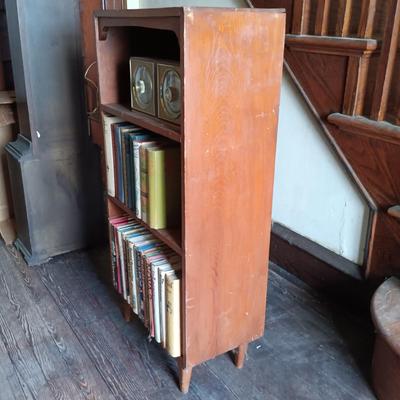 LOT 428: MCM Book Shelf with Brass Floor Lamp, Taylor Thermometer and Vintage Books