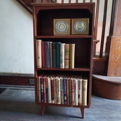 LOT 428: MCM Book Shelf with Brass Floor Lamp, Taylor Thermometer and Vintage Books