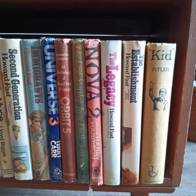 LOT 428: MCM Book Shelf with Brass Floor Lamp, Taylor Thermometer and Vintage Books