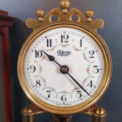 LOT 430: Adoria Wood and Glass Mantel Clock w/ 2 Metal and Glass Mantel Clocks