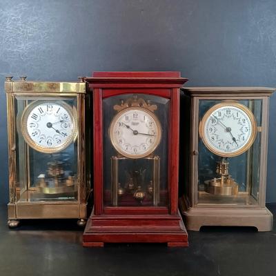 LOT 430: Adoria Wood and Glass Mantel Clock w/ 2 Metal and Glass Mantel Clocks