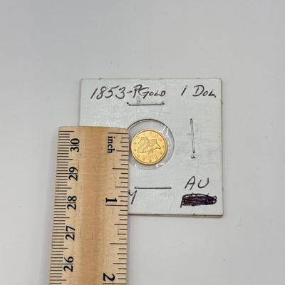 LOT 450J: Antique 1853-P US Philadelphia Liberty Head Type 1 Gold Dollar (90% Gold, 10% Copper)