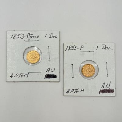 LOT 450J: Antique 1853-P US Philadelphia Liberty Head Type 1 Gold Dollar (90% Gold, 10% Copper)
