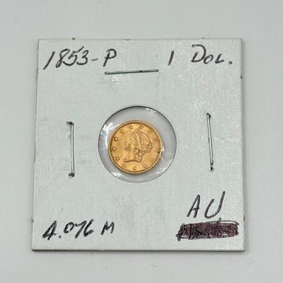 LOT 450J: Antique 1853-P US Philadelphia Liberty Head Type 1 Gold Dollar (90% Gold, 10% Copper)