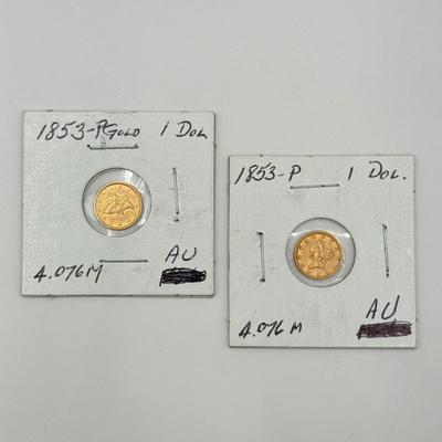LOT 450J: Antique 1853-P US Philadelphia Liberty Head Type 1 Gold Dollar (90% Gold, 10% Copper)