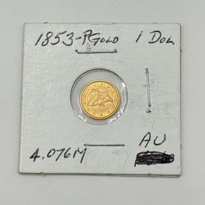 LOT 450J: Antique 1853-P US Philadelphia Liberty Head Type 1 Gold Dollar (90% Gold, 10% Copper)