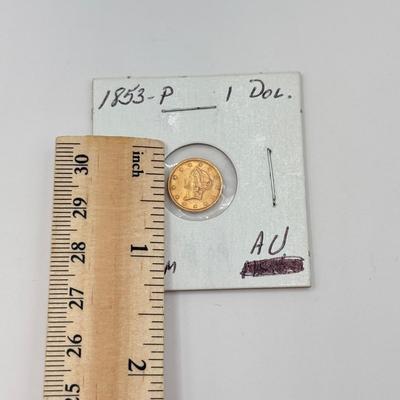 LOT 450J: Antique 1853-P US Philadelphia Liberty Head Type 1 Gold Dollar (90% Gold, 10% Copper)
