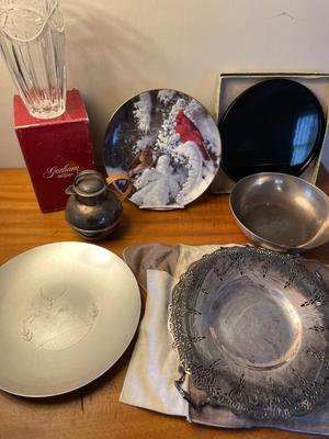 Silver plated items, cardinal plate & crystal vase