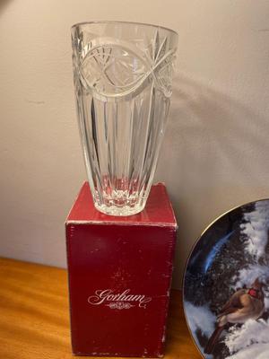 Silver plated items, cardinal plate & crystal vase