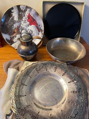 Silver plated items, cardinal plate & crystal vase