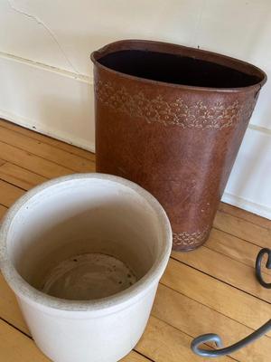 Mosaic table, crock, trashcan