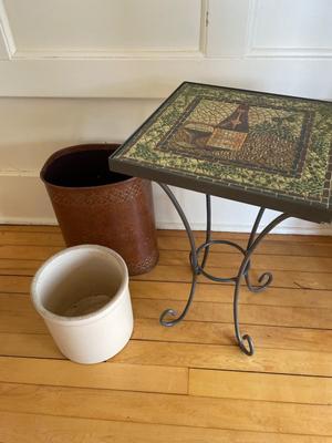 Mosaic table, crock, trashcan