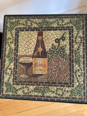 Mosaic table, crock, trashcan