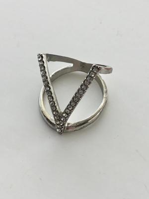 Silver tone letter v rhinestone ring