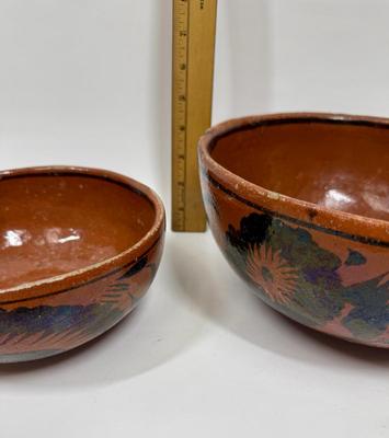 Vintage Handmade Mexican Redware Clay Pottery Serving Bowl Set of 2 Hand Painted