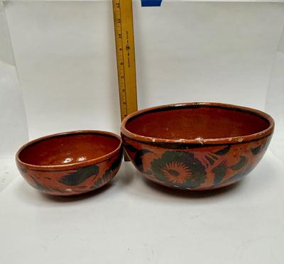 Vintage Handmade Mexican Redware Clay Pottery Serving Bowl Set of 2 Hand Painted